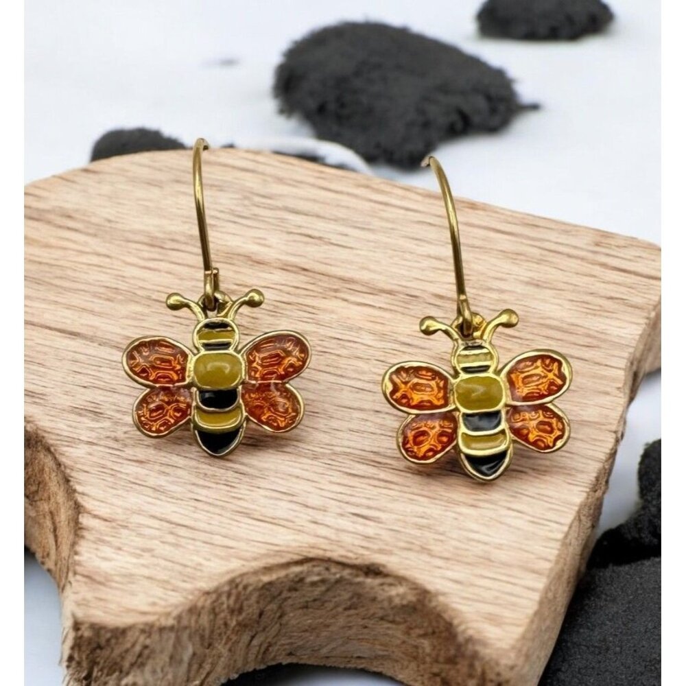 Honey Bee Gold Tone Drop Earrings Enamel Orange Yellow Nature Spring Garden